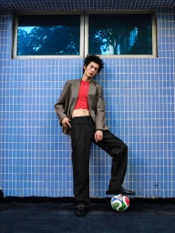 Young male model wearing a grey blazer over a red top leaning against a blue tiled wall with a soccer ball