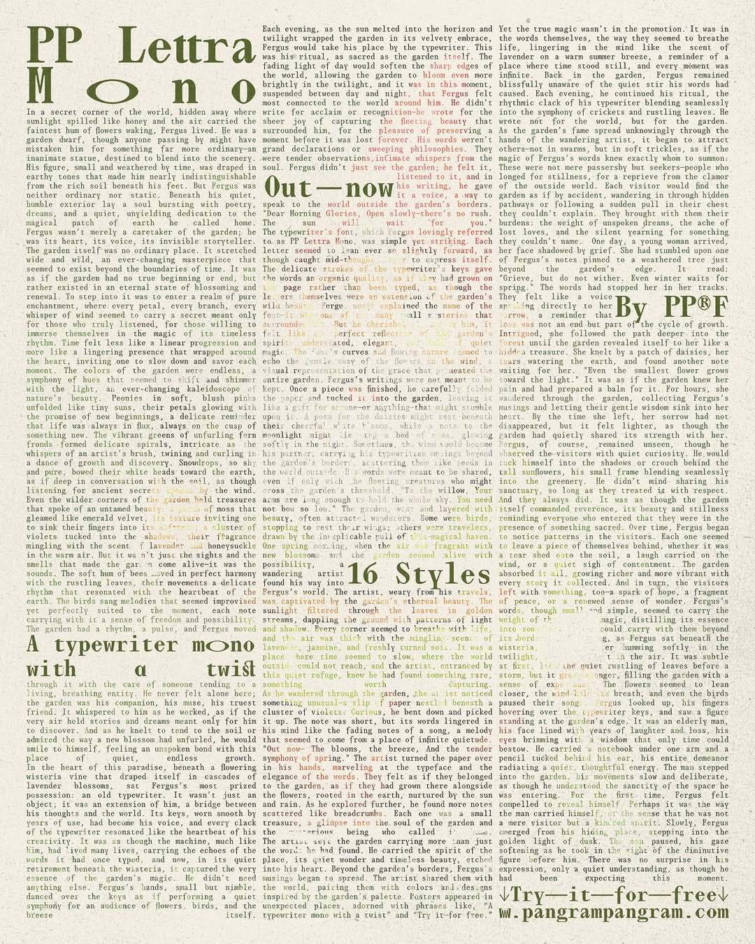 Typographic specimen sheet for PP Lettra Mono typeface displaying columns of text on textured beige paper.