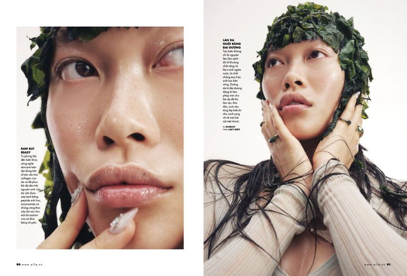 Beauty editorial featuring a young Asian woman wearing algae as a hat, showcasing skincare and cosmetic artistry with natural elements.