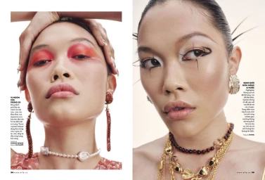 Close-up split image of a model featuring bold avant-garde eye makeup, statement earrings, and layered jewelry for Elle Vietnam