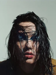 Close-up portrait of a model with wet dark hair and vibrant blue eye makeup against a neutral studio backdrop.