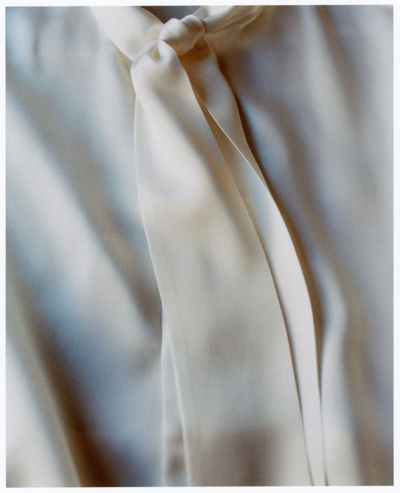 Close-up of a cream-colored, draped silk blouse with a tied neckline. Soft, diffused light highlights the fabric's textures and folds.