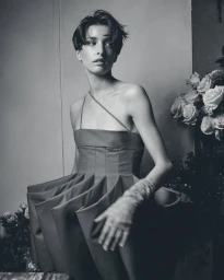 Model with short dark hair in a structured strapless dress beside a large arrangement of roses in a monochromatic editorial portrait