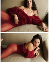 Model Athina Koini reclining on a beige couch wearing a ruffled sheer burgundy bodysuit in a diptych editorial layout.