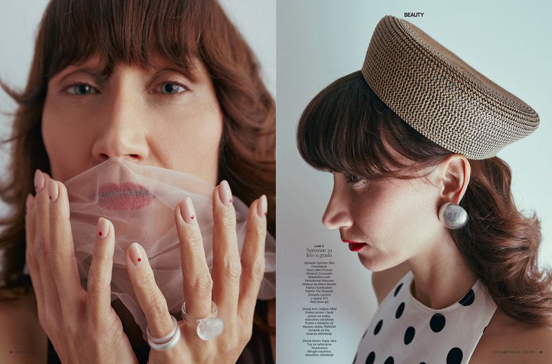 Magazine beauty editorial spread of a woman holding sheer fabric over her lips and wearing a woven pillbox hat in profile.