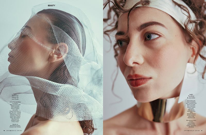 Diptyque beauty editorial split-screen showing a woman under a sheer mesh veil and another wearing a metallic choker.