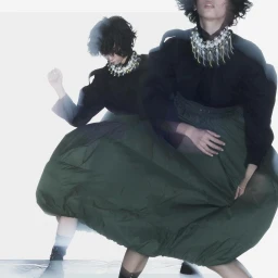 Model dancing in a voluminous dark green balloon skirt, black blouse, and statement beaded necklace against a white background.