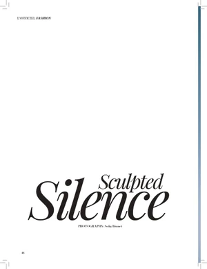 Editorial magazine layout page featuring bold black typography reading Sculpted Silence on a stark white background.