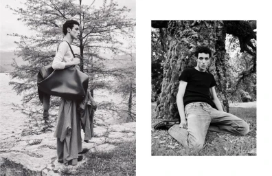 Black and white editorial diptych featuring a male model outdoors by a lake and leaning against a large tree trunk.