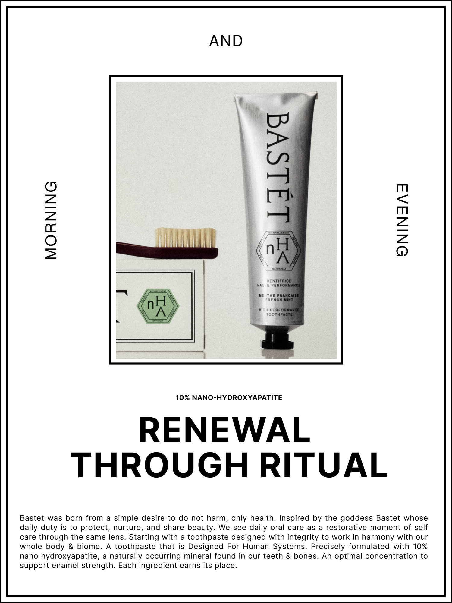 Brand design layout featuring a silver Bastet toothpaste tube and toothbrush above bold typography reading Renewal Through Ritual.
