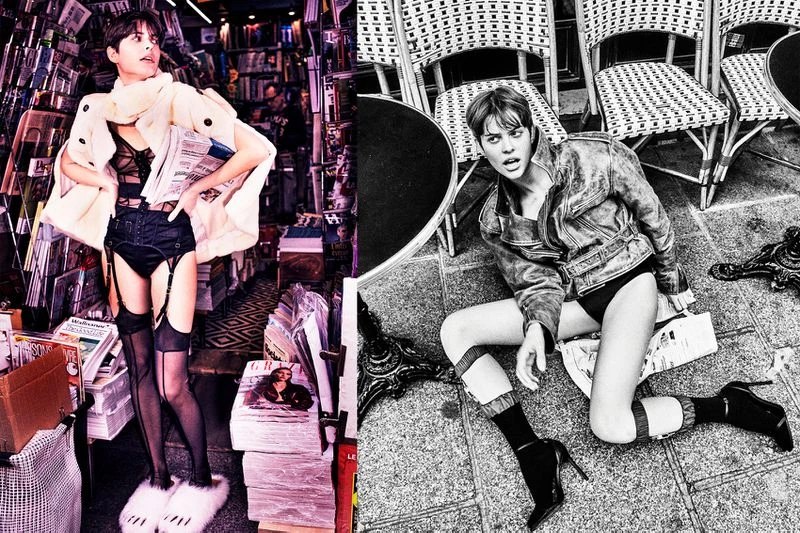 A young woman poses in lingerie, garter belt, thigh-high stockings, and a fur coat in a bookstore with a black and white street shot.