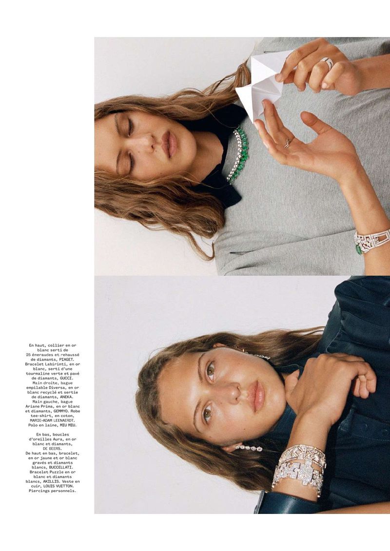 Two-part fashion editorial featuring a model with jewelry, holding a paper fortune teller, and a close-up of her wearing earrings.