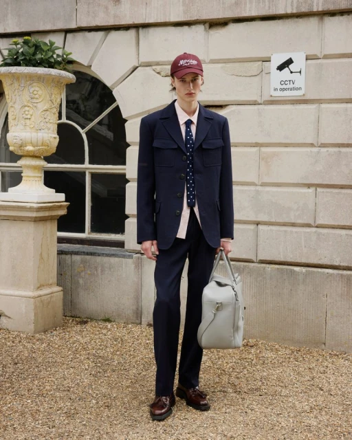 A fair-skinned adult male in a blue suit stands outside a stone building holding a grey duffel bag, wearing a baseball cap and brown loafers.