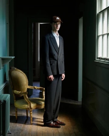 Male model in a dark double-breasted suit and baseball cap stands in a dimly lit hallway with a vintage chair near a bright window.