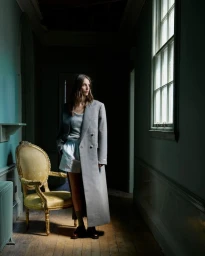 Model in long grey coat standing in a dark hallway beside an antique gold armchair under window light