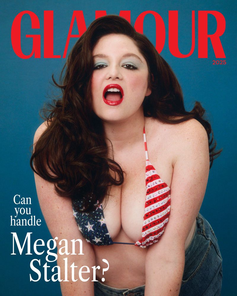 Glamour magazine cover featuring Megan Stalters in a stars and stripes bikini top against a bright blue backdrop with the magazine title.