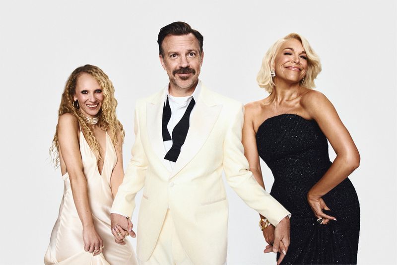 Jason Sudeikis, Hannah Waddingham, and Juno Temple posing against a plain white background for The Hollywood Reporter.