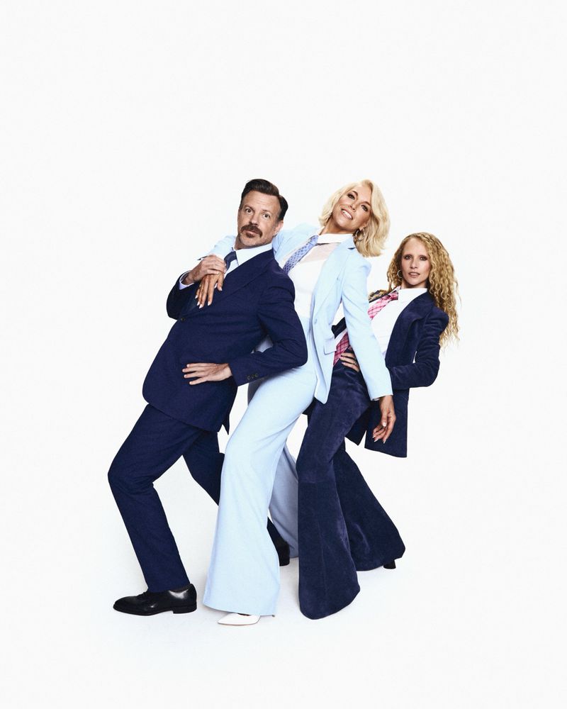 Jason Sudeikis, Hannah Waddingham, and Juno Temple posing together against a plain white background for The Hollywood Reporter.