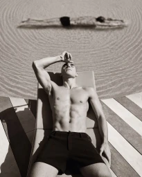 A shirtless man in black shorts relaxes on a sun lounger beside a swimming pool with another swimmer underwater in the background.