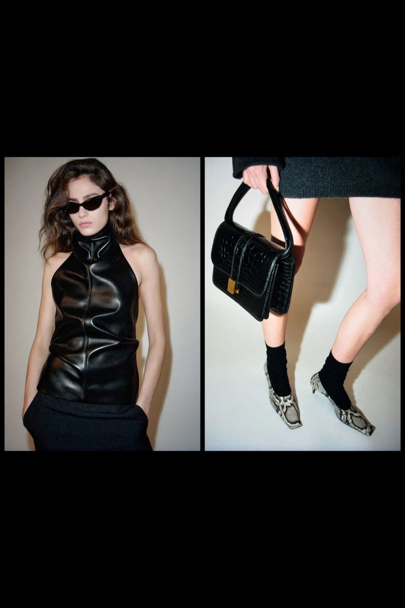 Diptych of a model in a high-neck black leather top and sunglasses beside a cropped shot of a black handbag and snakeskin shoes.