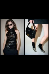 Diptych of a model in a high-neck black leather top and sunglasses beside a cropped shot of a black handbag and snakeskin shoes.