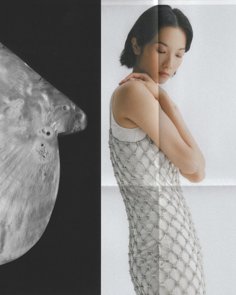 Kate Tsai posing in a white ribbed dress and grey macramé overlay beside a textural black-and-white macro detail.