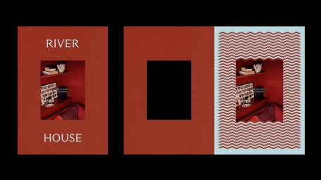 Brand identity design layout with rust red cards, geometric wave patterns, and interior room photography for River House.