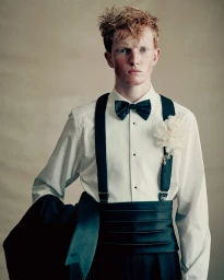 Young man with tousled hair wearing formal white shirt, black bow tie, suspenders, and pleated cummerbund against neutral backdrop.