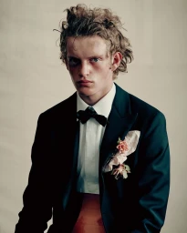 Artjom Zagrebaylov wearing a black tuxedo jacket, bowtie, and floral corsage against a neutral studio backdrop.