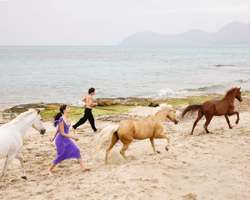 Four horses run on a sandy beach alongside a woman in a purple dress and a shirtless man against an ocean and mountain backdrop.