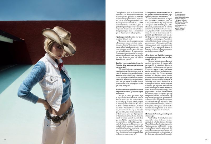 Belinda wearing a cowboy hat, white denim vest, and blue knit sweater by a pool for Vogue Mexico.