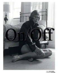 Monochrome editorial portrait of a young man seated on the floor beside a bed wearing a dark jacket and underwear with On/Off text overlay.