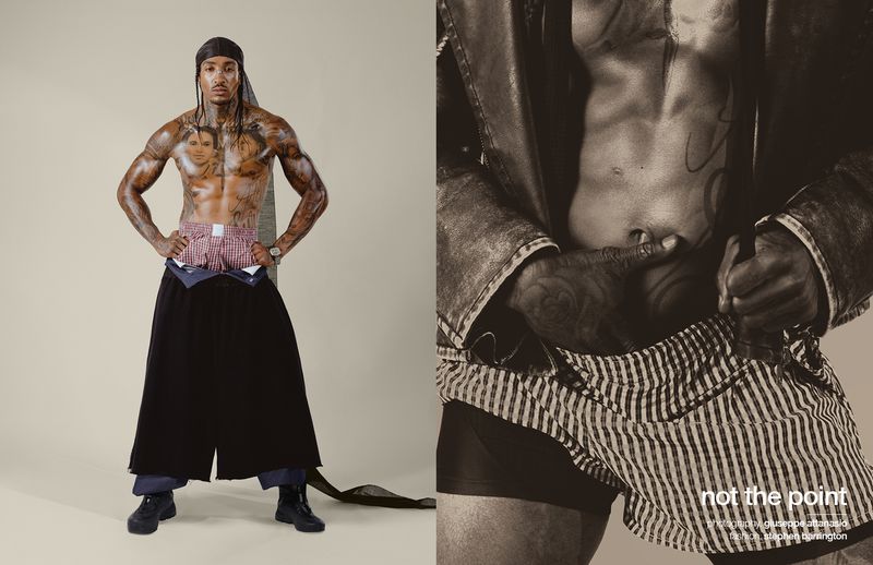 Editorial diptych of model Laro Junior posing shirtless with tattoos, wide trousers, and a black durag against a neutral studio backdrop.
