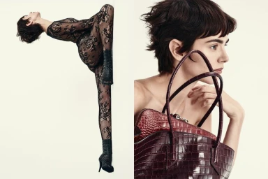 Diptych of model Anja Cihoric in a black sheer lace bodysuit beside a close-up holding a burgundy crocodile embossed leather tote.