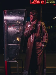 Model Clement Chabernaud talking on a public payphone at night wearing a glossy brown trench coat.