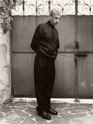 Maurizio Cattelan in a black buttoned jacket and pleated trousers standing before a metal gate with hands behind his back.