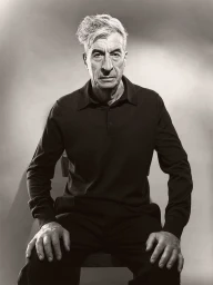 Portrait of older man wearing black polo shirt sitting against gradient background for U Repubblica by Paul Kooiker