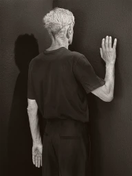 Man with short grey hair seen from behind facing a dark corner with his right hand flat against the textured wall.