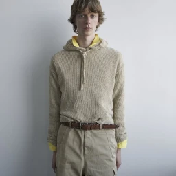 Model Guus Bracke wears a beige knit hoodie over a yellow shirt and khaki trousers with a studded belt against a studio backdrop.