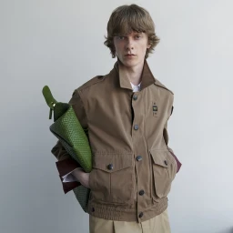 Model Guus Bracke holding a woven green leather bag and wearing a tan utility jacket against a plain light studio backdrop.