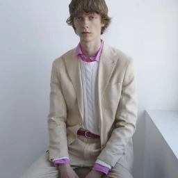 Model Guus Bracke seated in a tailored beige linen suit, white cable-knit vest, and bright pink collared shirt against a white backdrop.