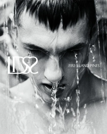 Monochrome close-up of a man's face with water cascading down, against a blurred background with text overlay, creating a dramatic effect.