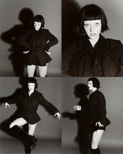 Four-panel editorial portrait of Olivia Rose Keegan with a dark bob haircut posing in a black blazer and knee-high boots.