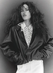 Model Luana Guimarães in an oversized black leather jacket and polka-dot collared shirt against a neutral studio backdrop.