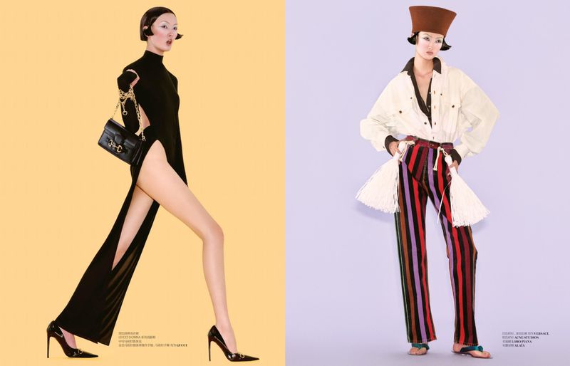 Fashion editorial diptych showing a model in a high-slit black dress against yellow and striped trousers against a lilac backdrop.