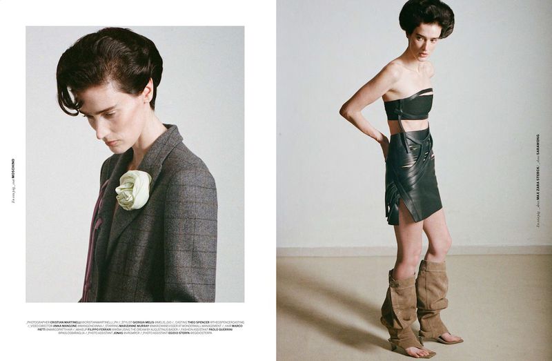 Fashion editorial diptych of Marizanne Visser in a grey plaid blazer beside a full-length shot in a black leather skirt and boots.