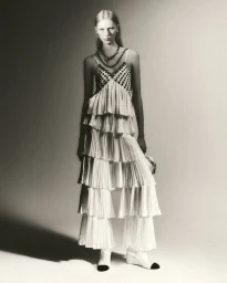 Model Eduarda Muehlmann standing in a tiered white pleated jumpsuit and two-tone boots against a neutral studio backdrop.