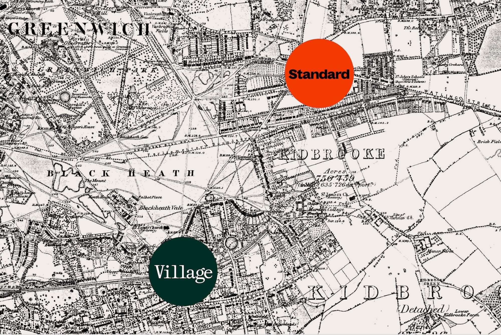 An antique black and white map of Greenwich and Kidbrooke overlaid with two colorful circular icons, one orange labeled Standard and one dark green labeled Village.