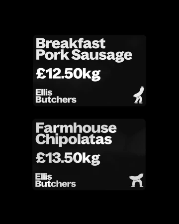 Two black Ellis Butchers price cards featuring bold white typography and illustrated sausage characters on a black background.