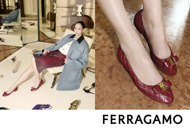 Ning Chang in a quilted coat and burgundy flats beside a close-up of quilted Ferragamo ballerina shoes.